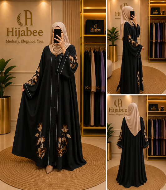"Zara" Premium Hareer Black Abaya with Nude Floral Embroidery & Matching Hijab