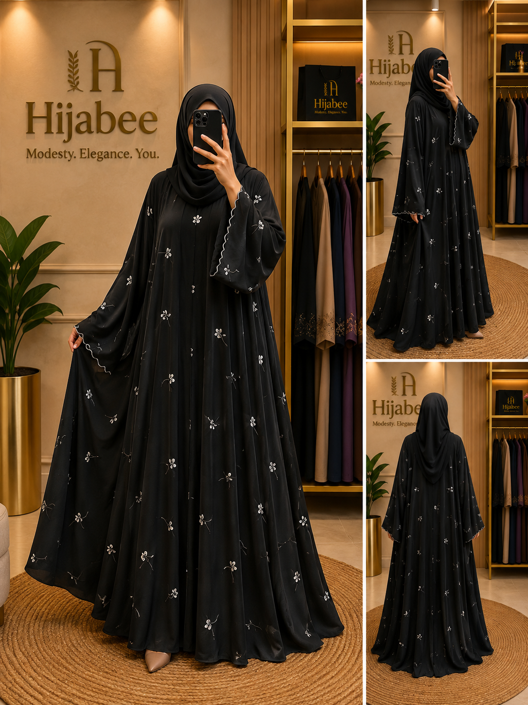 "Maya" Premium Nida Black Abaya with White Floral Embroidery & Matching Scarf