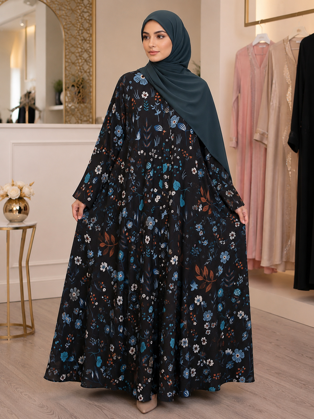 Printed Big Flair Abaya with Matching Hijab black