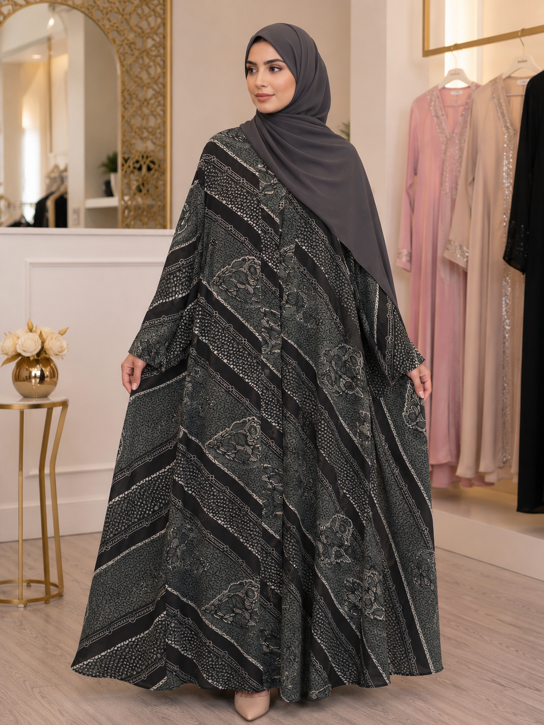 Soft Georgette Printed Big Flair Abaya with Matching Hijab for daily wear black color
