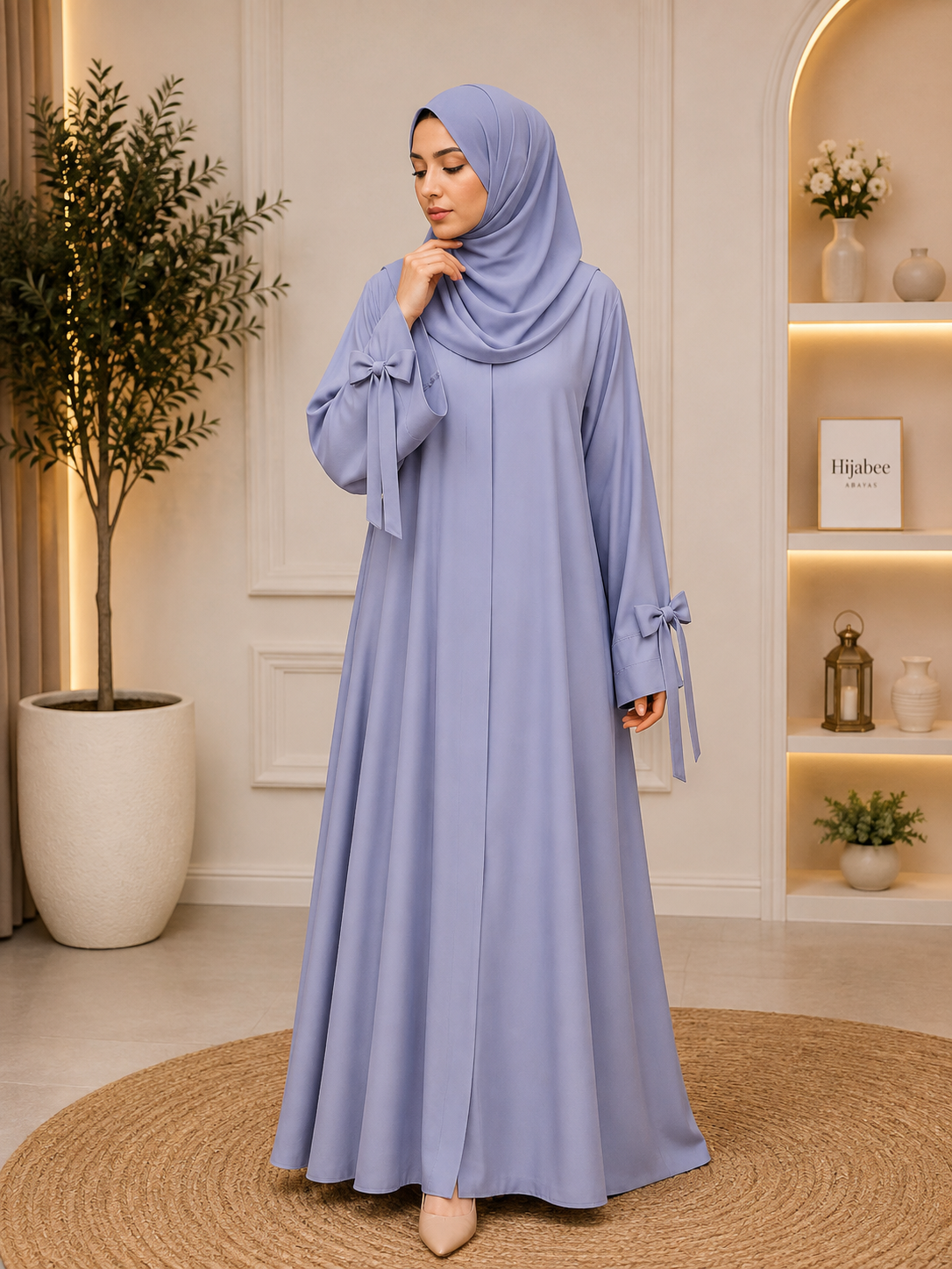 Bow design on sleeve hareer abaya with matching hijab for women in Pakistan