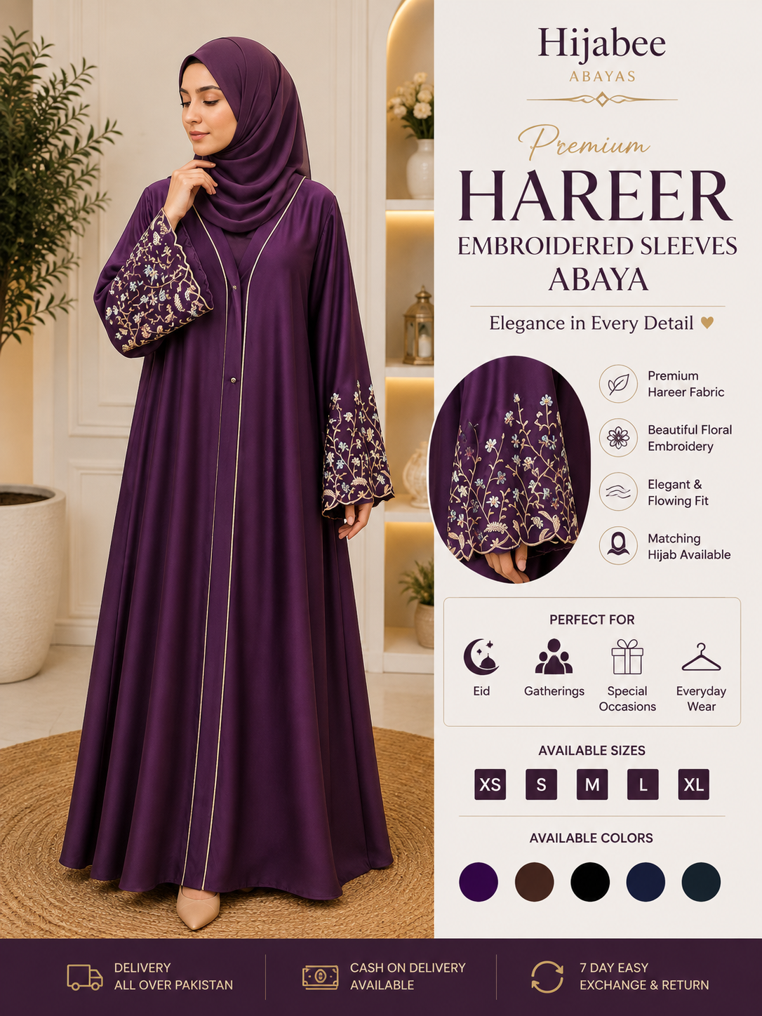 Embroidered sleeve hareer abaya with matching hijab for women in Pakistan