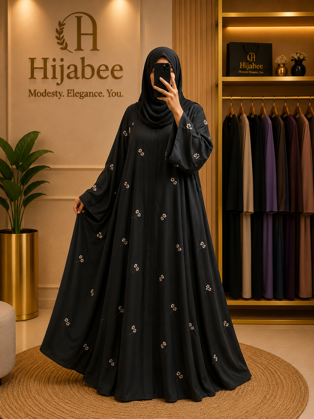 Premium Nida Black Floral Embroidery Full Flair Abaya