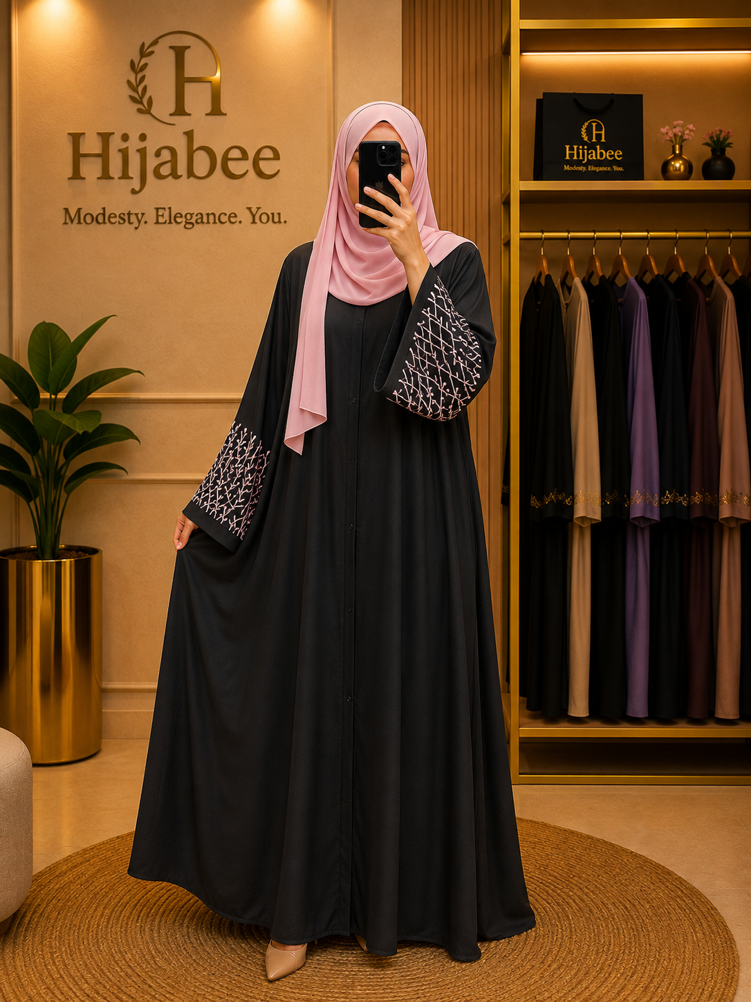 "Amara" Premium Nida Black Abaya | Pink Embroidered Sleeves