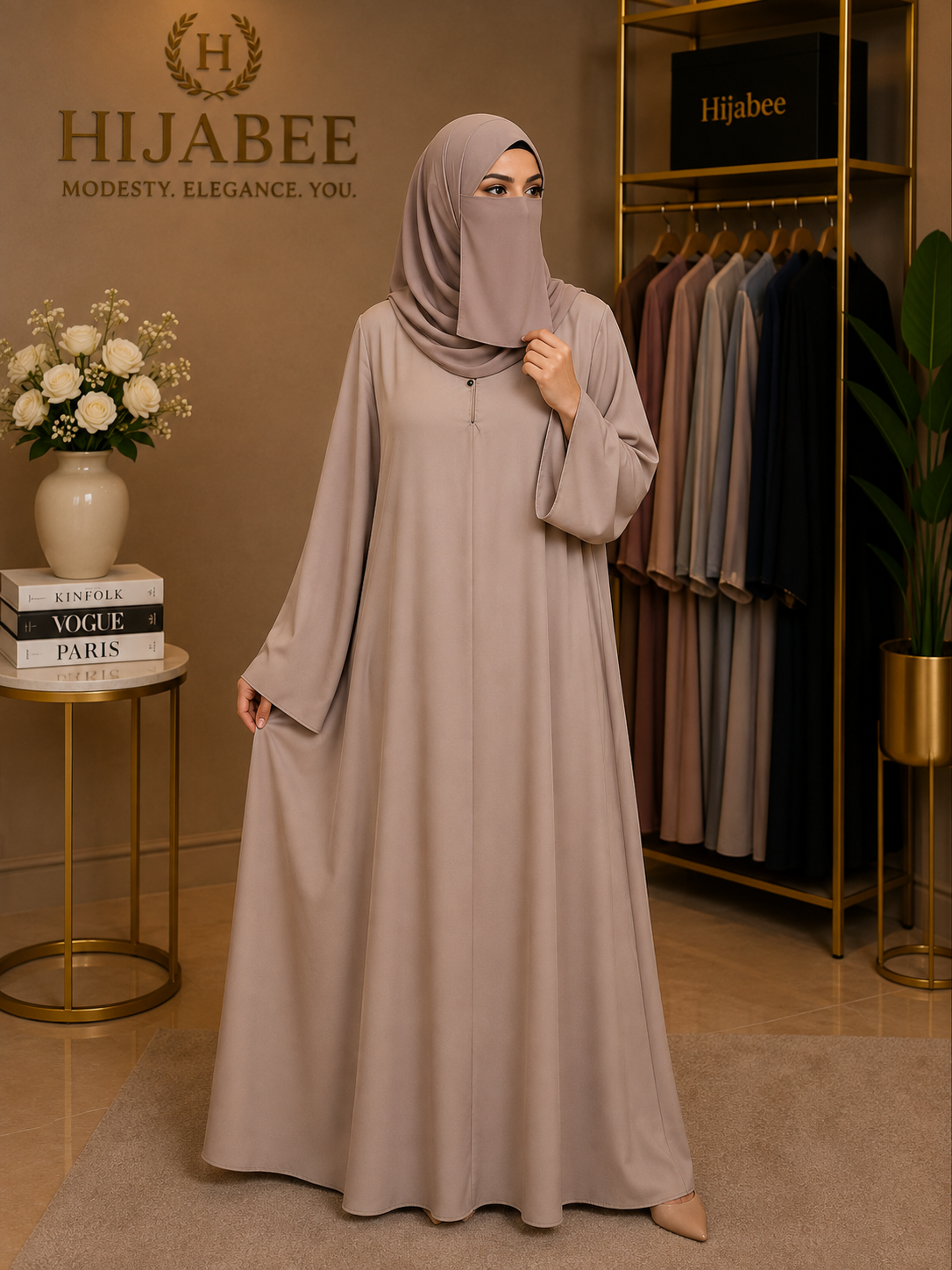 Nida Maxi Abaya with Attached Hijab – Front Close, Medium Flair