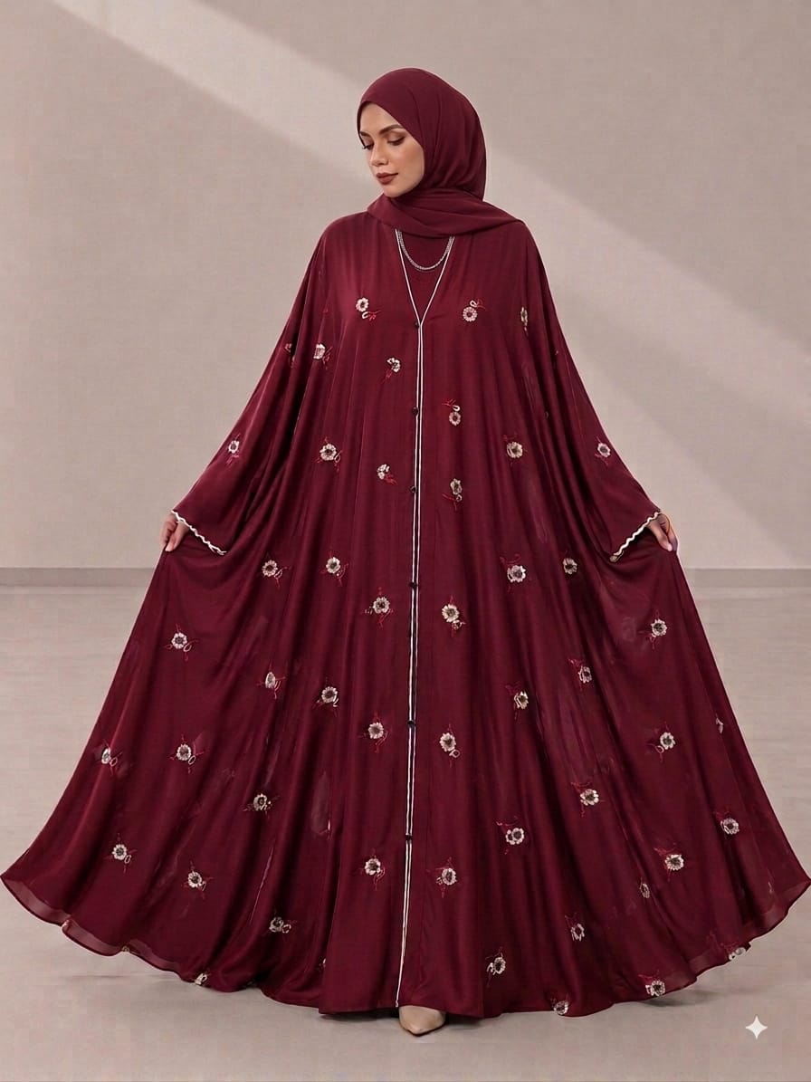 Big Flair front open Premium Embroidered Abaya maroon color