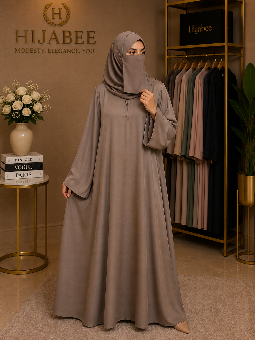 Nida Maxi Abaya with Attached Hijab – Front Close, Medium Flair