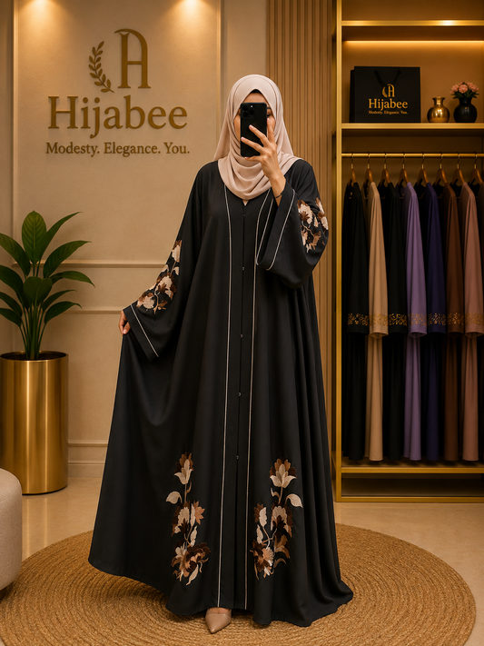 "Zara" Premium Hareer Black Abaya with Nude Floral Embroidery & Matching Hijab