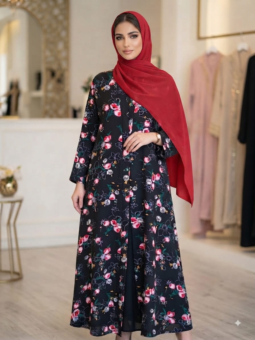 Black Floral Printed Abaya with Matching Hijab