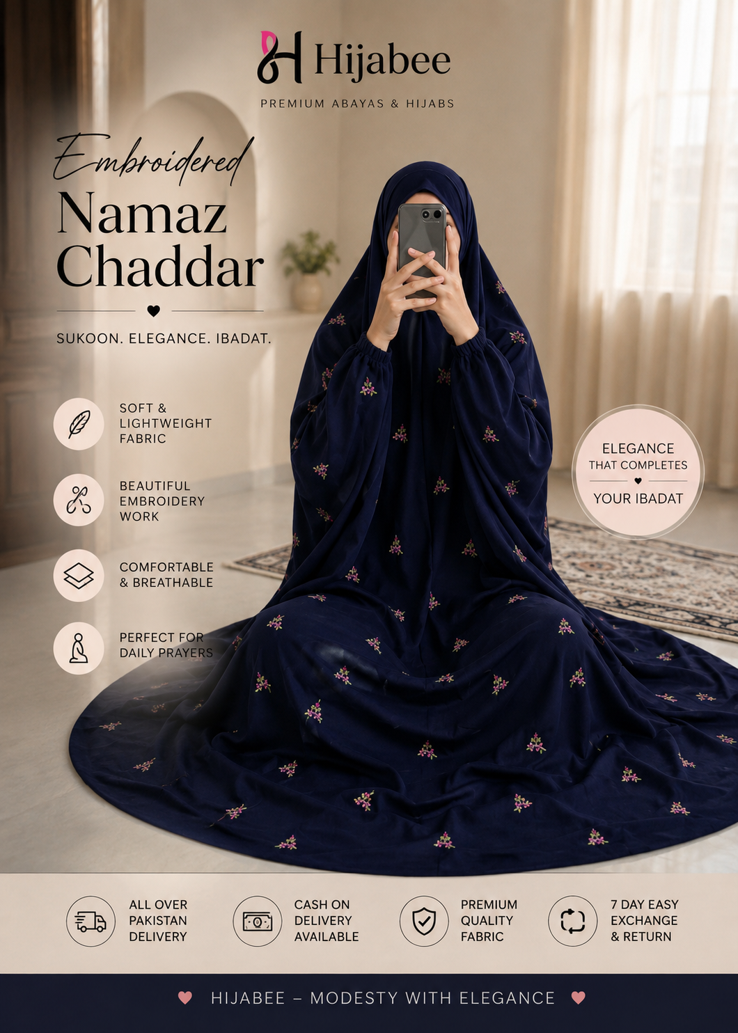 Embroidered Namaz Chaddar Navy blue Color | Hijabee
