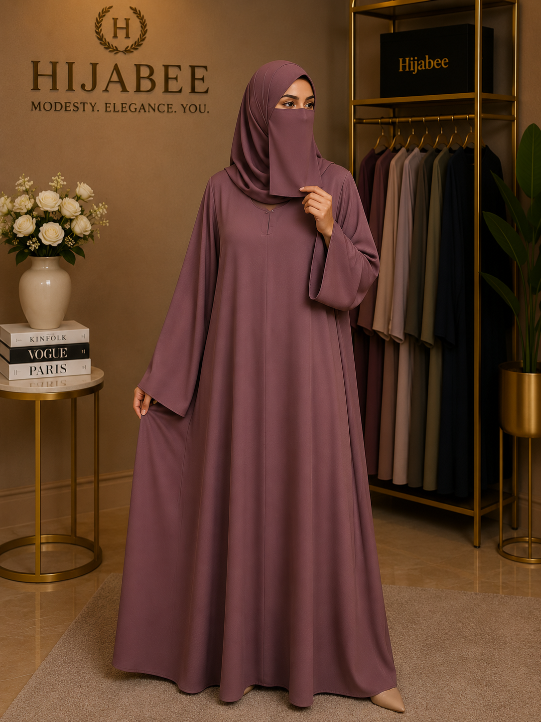 Nida Maxi Abaya with Attached Hijab – Front Close, Medium Flair