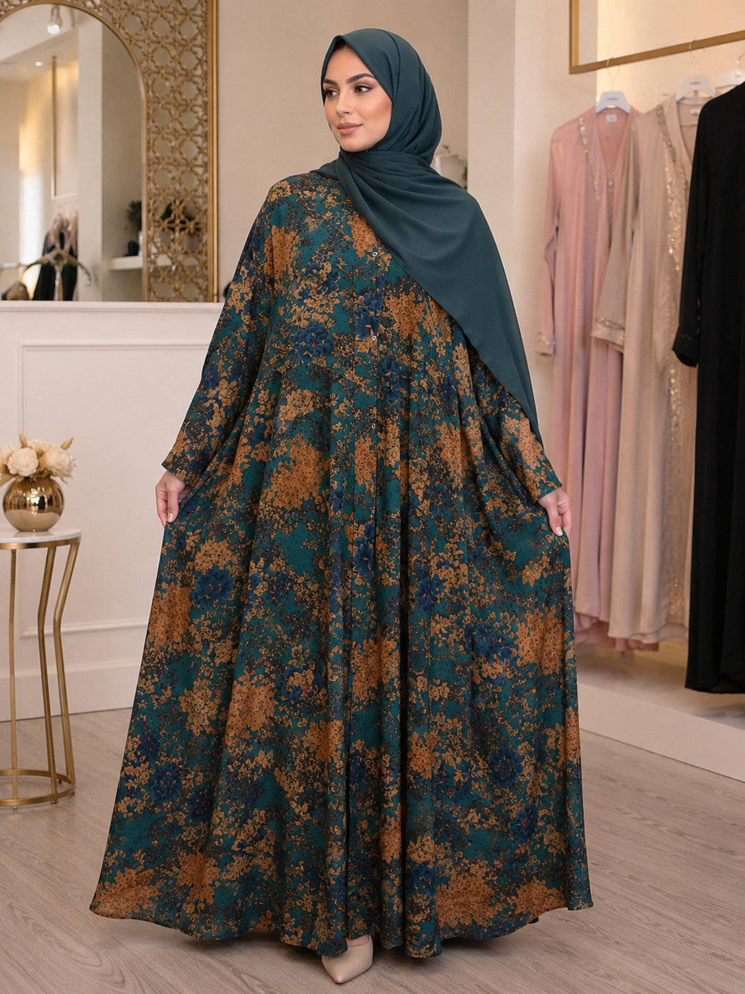 Printed Big Flair Abaya with Matching Hijab
