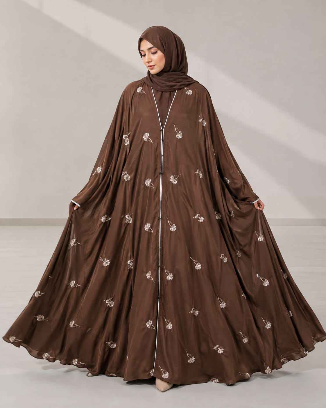 Big Flair Premium Embroidered Abaya with matching hijab brown color