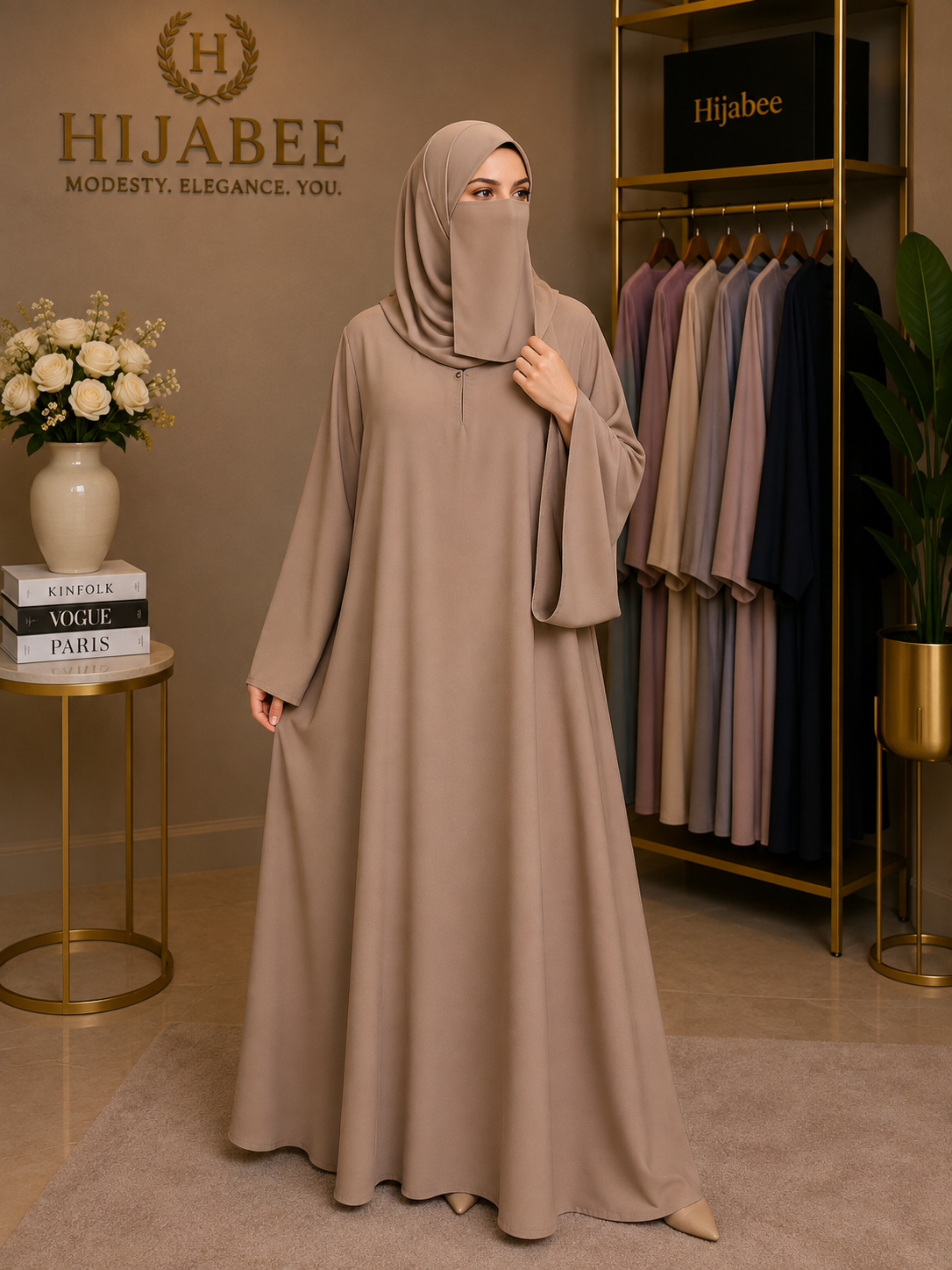 Nida Maxi Abaya with Attached Hijab – Front Close, Medium Flair