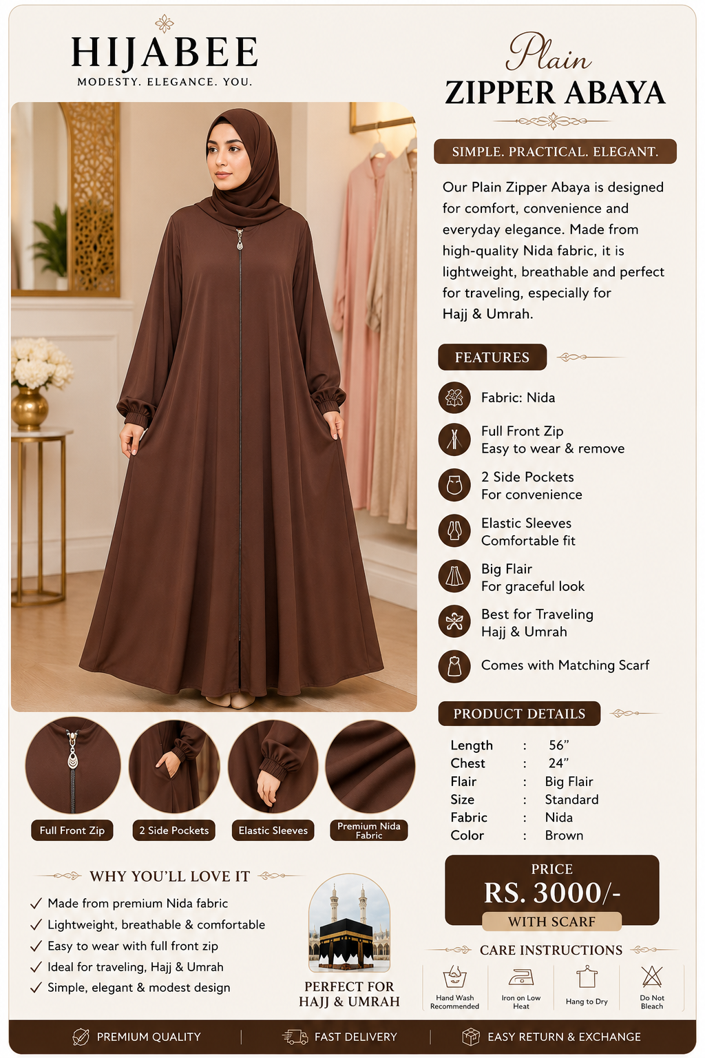 daily wear Zipper Abaya with Matching Scarf brown color