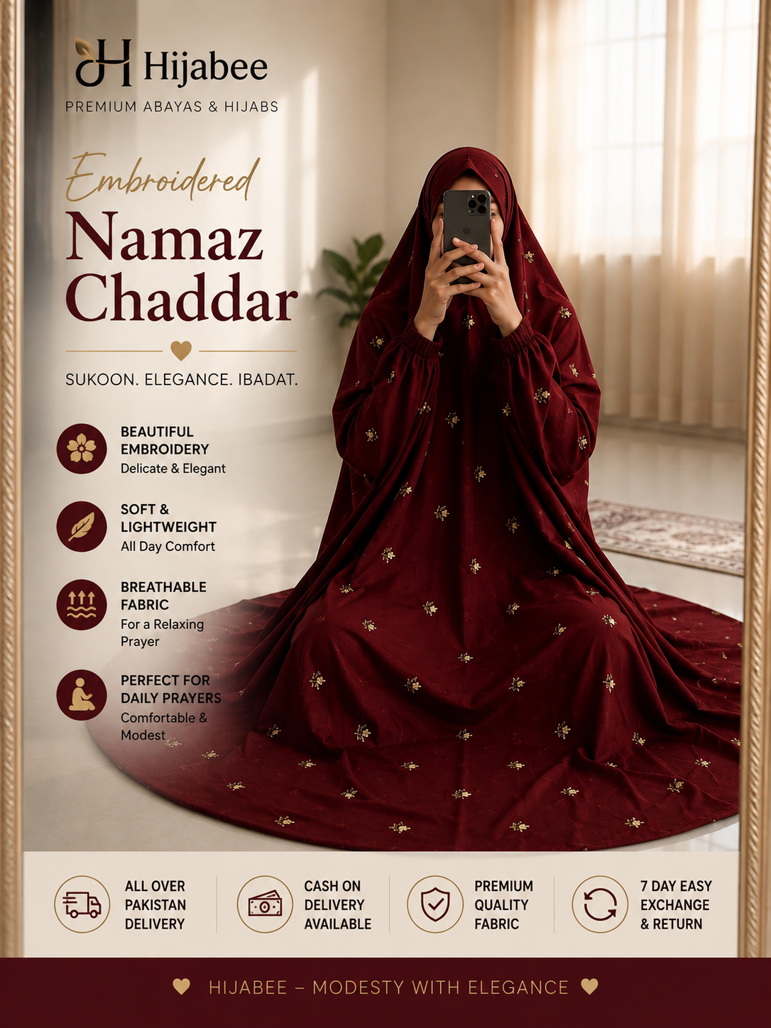 Embroidered Namaz Chaddar Maroon Color | Hijabee