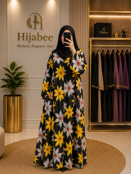 Black Sunflower Print Georgette Abaya with Matching Hijab | Hijabee