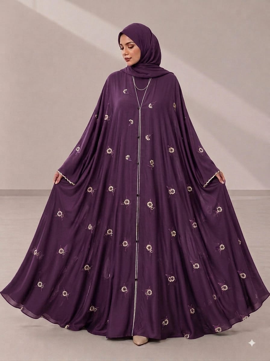 Big Flair front open Premium Embroidered Abaya plum color