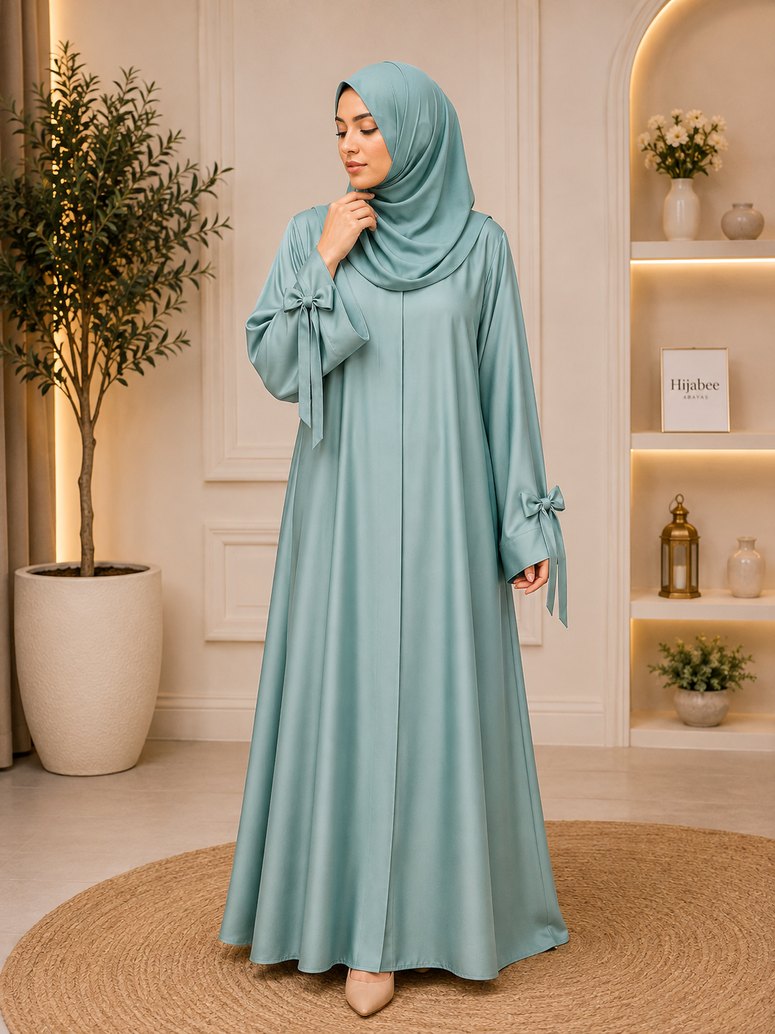 Bow design on sleeve hareer abaya with matching hijab for women in Pakistan