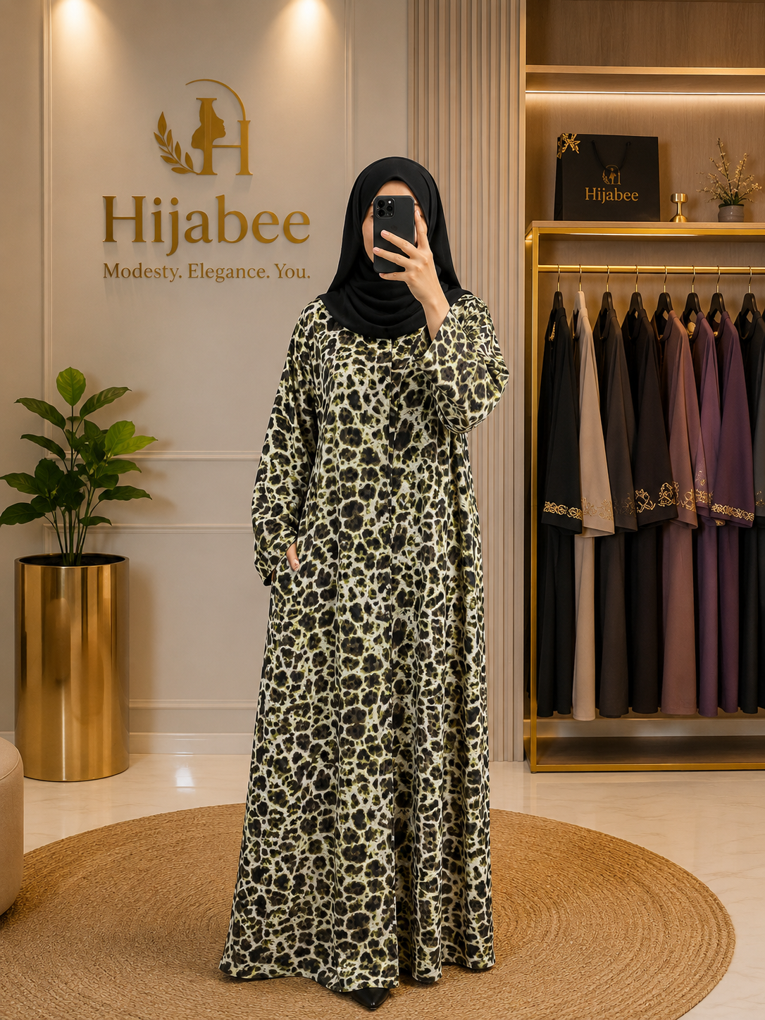 Olive Leopard Print Georgette Abaya with Matching Hijab | Hijabee
