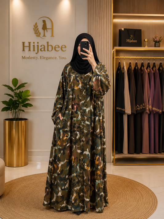 Olive Abstract Print Georgette Abaya with Matching Hijab | Hijabee