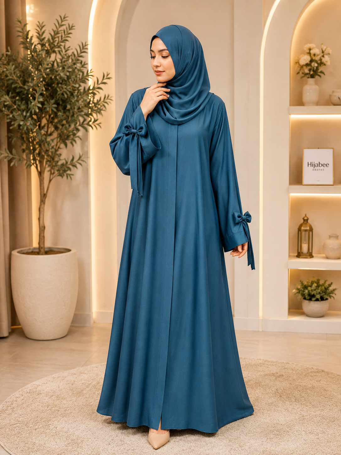 Bow design on sleeve hareer abaya with matching hijab for women in Pakistan