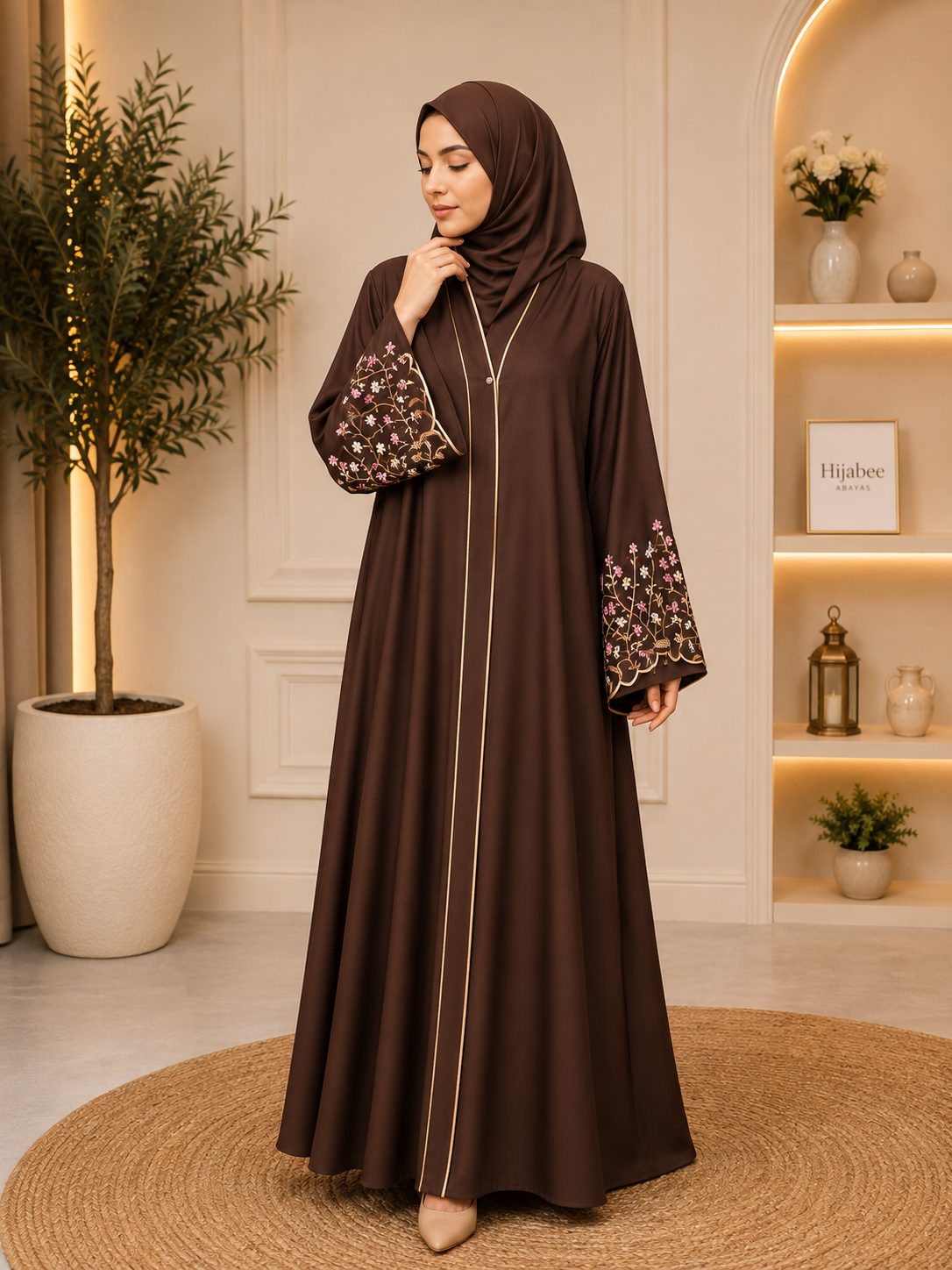 Embroidered sleeve hareer abaya with matching hijab for women in Pakistan
