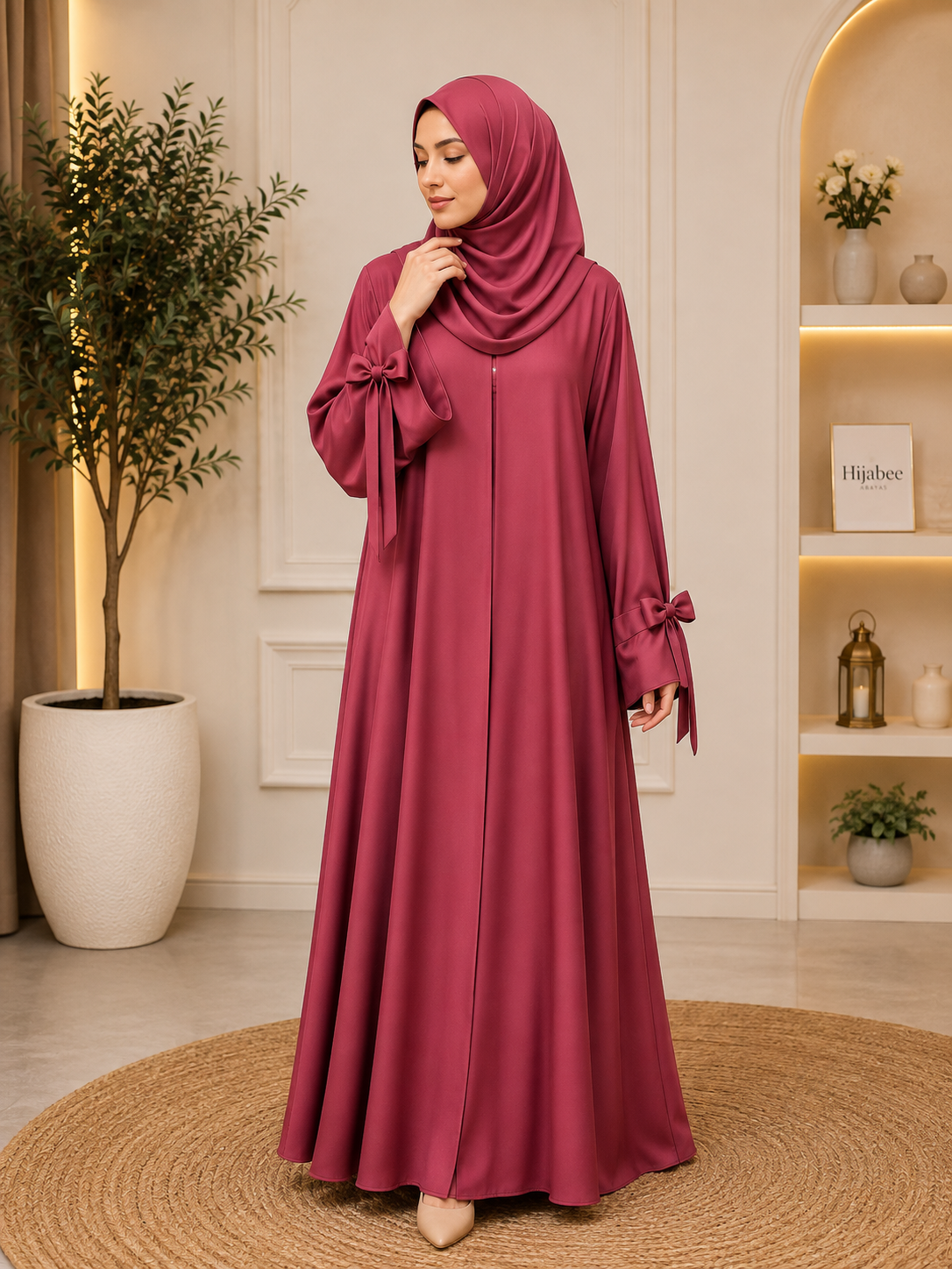 Bow design on sleeve hareer abaya with matching hijab for women in Pakistan