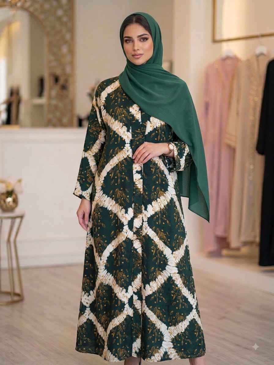 Emerald Green Floral Printed Abaya | Matching Plain Hijab | Hijabee
