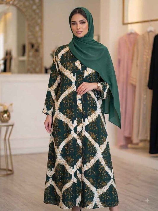 Emerald Green Floral Printed Abaya | Matching Plain Hijab | Hijabee