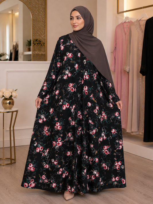 Printed Big Flair Abaya with contrast Hijab