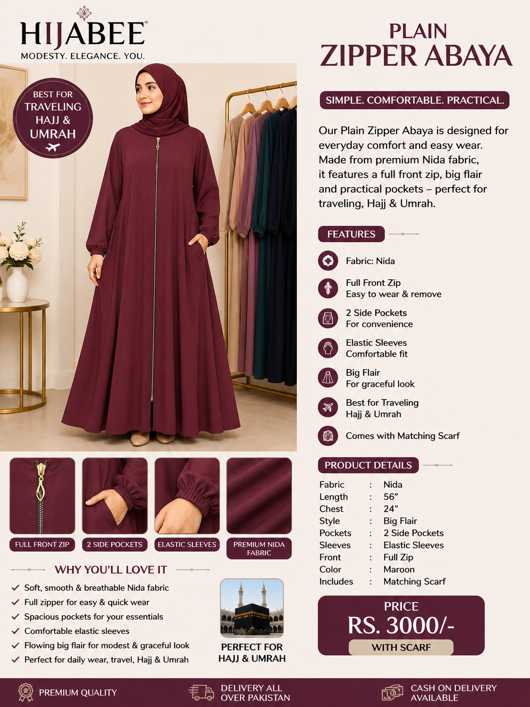 Zipper Abaya with Matching Scarf maroon color
