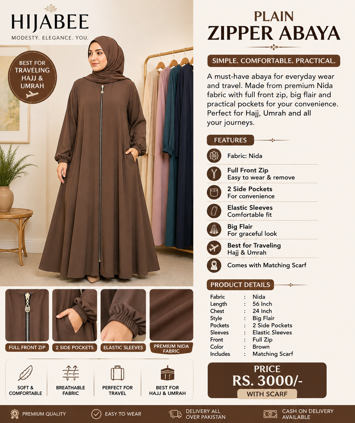 Plain Nida Zipper Abaya with Matching Scarf dark brown with pockets