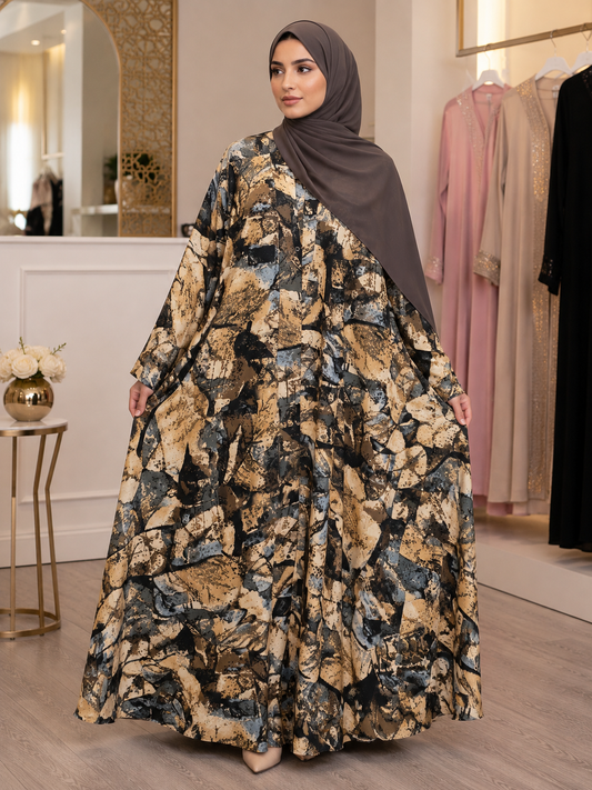Printed Big Flair Abaya with Matching Hijab soft color