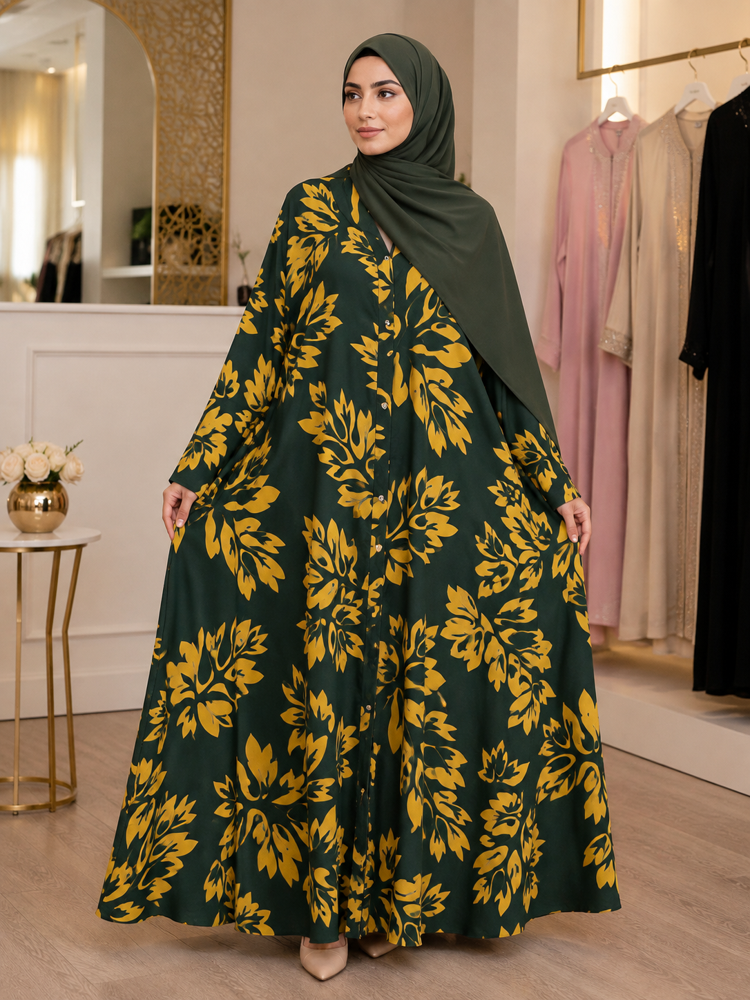 Soft Georgette Printed Big Flair Abaya with Matching Hijab green and yellow color print