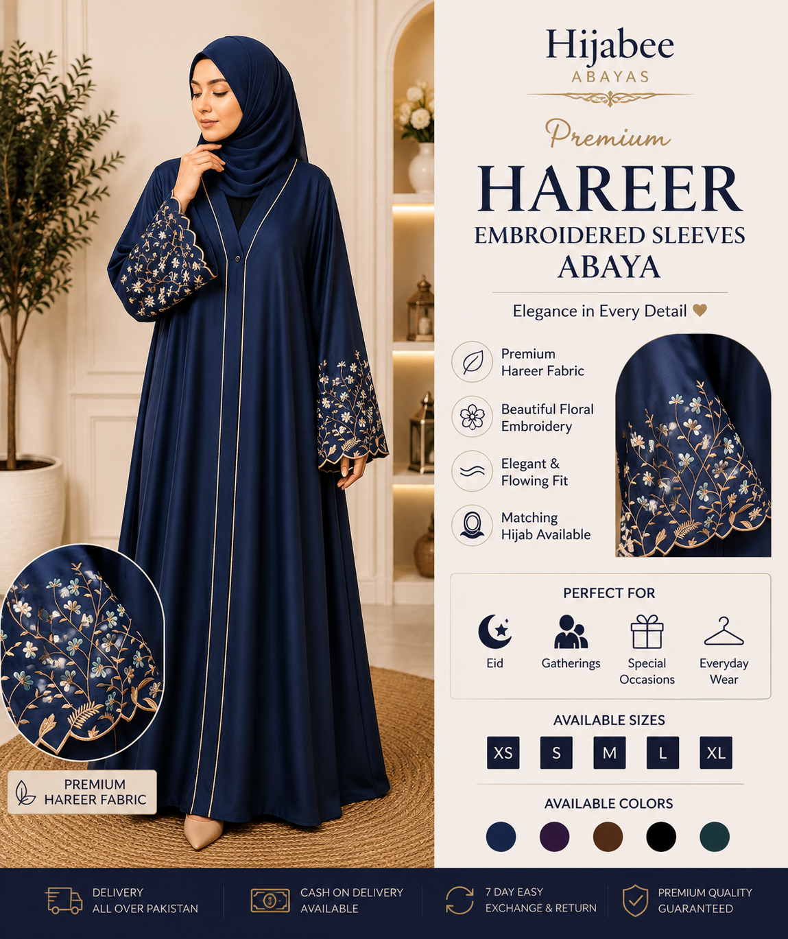 Embroidered sleeve hareer abaya with matching hijab for women in Pakistan