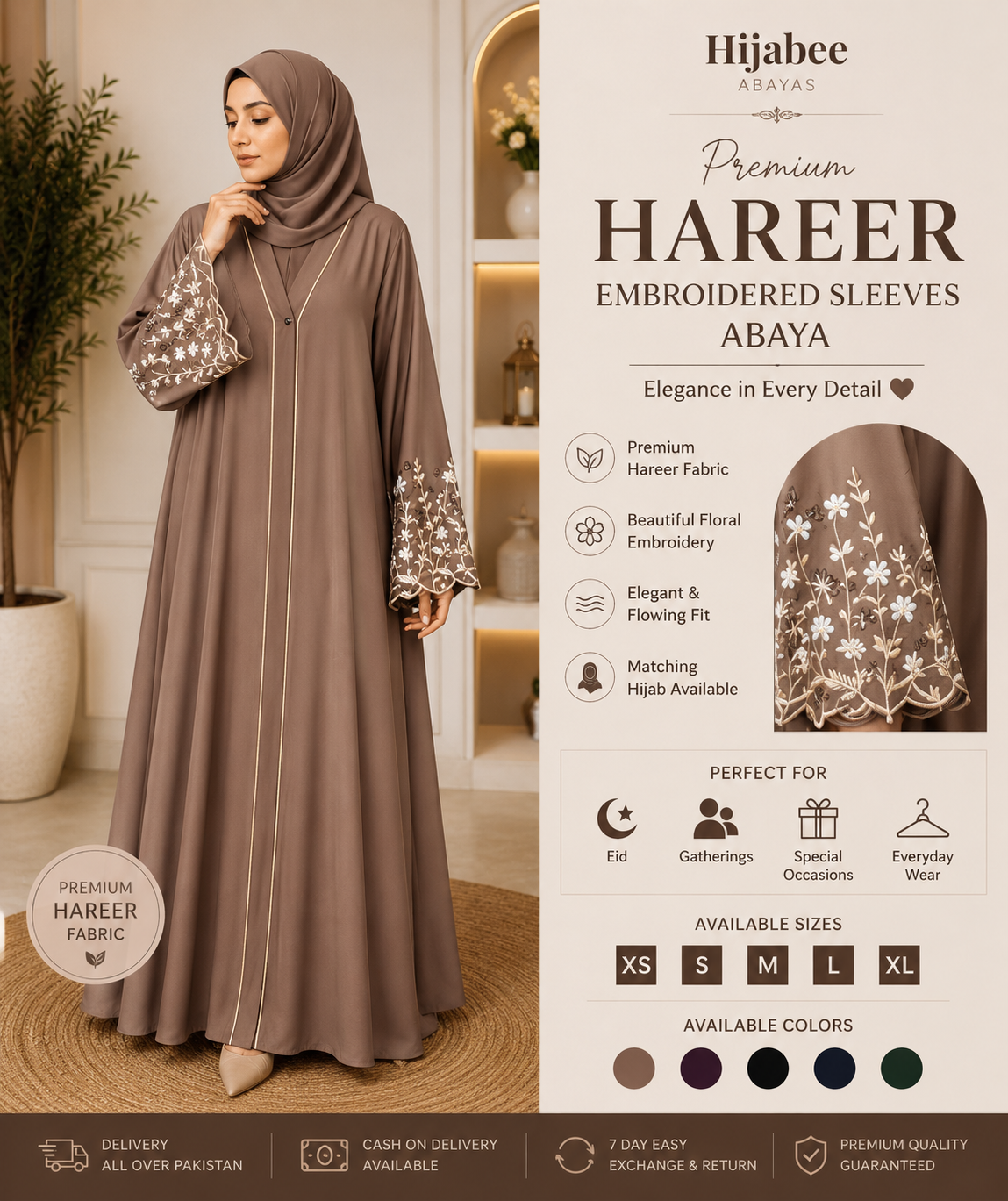 Embroidered sleeve hareer abaya with matching hijab for women in Pakistan