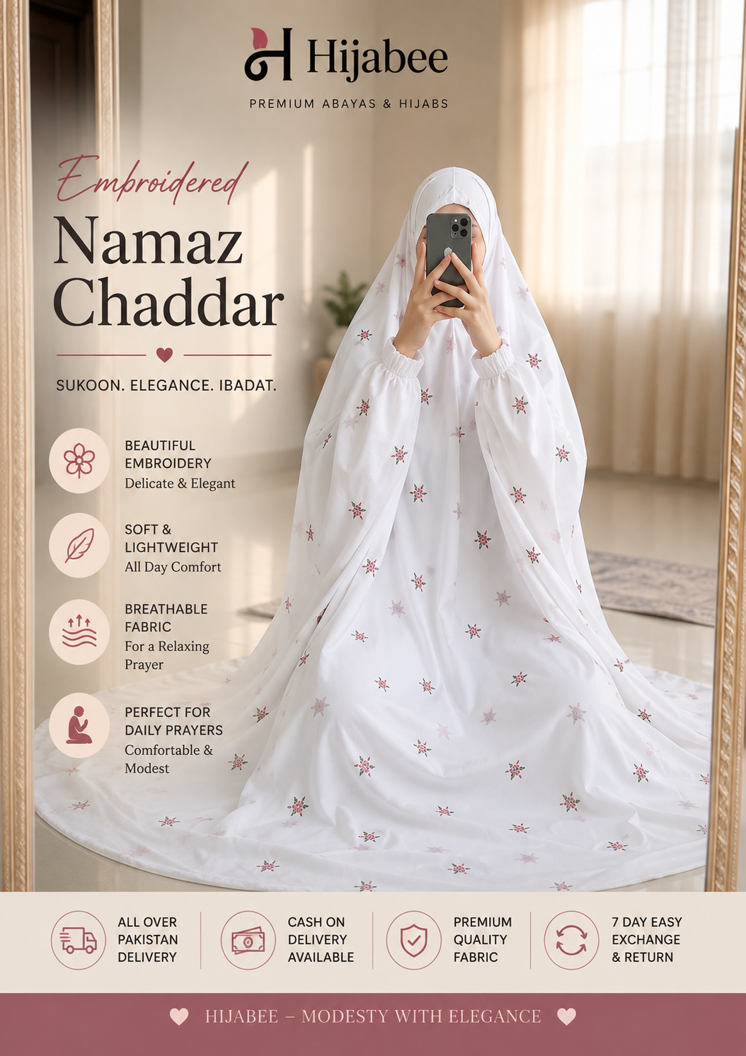 Embroidered Namaz Chaddar White Color | Hijabee