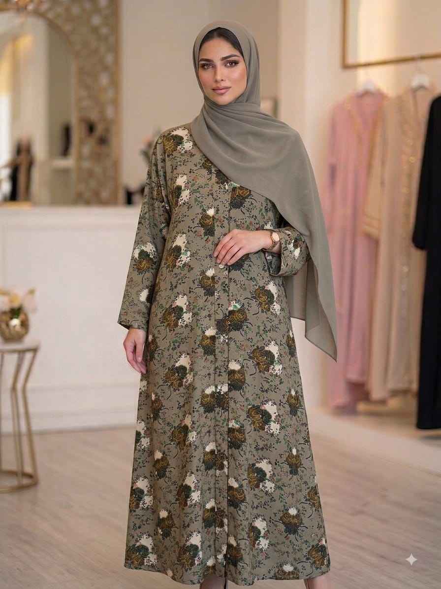 Elegant Olive Floral Printed Abaya | Matching Plain Hijab