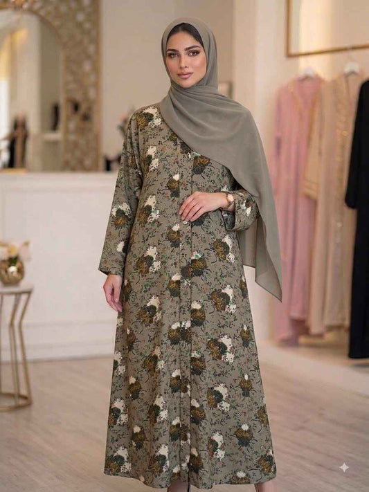 Elegant Olive Floral Printed Abaya | Matching Plain Hijab