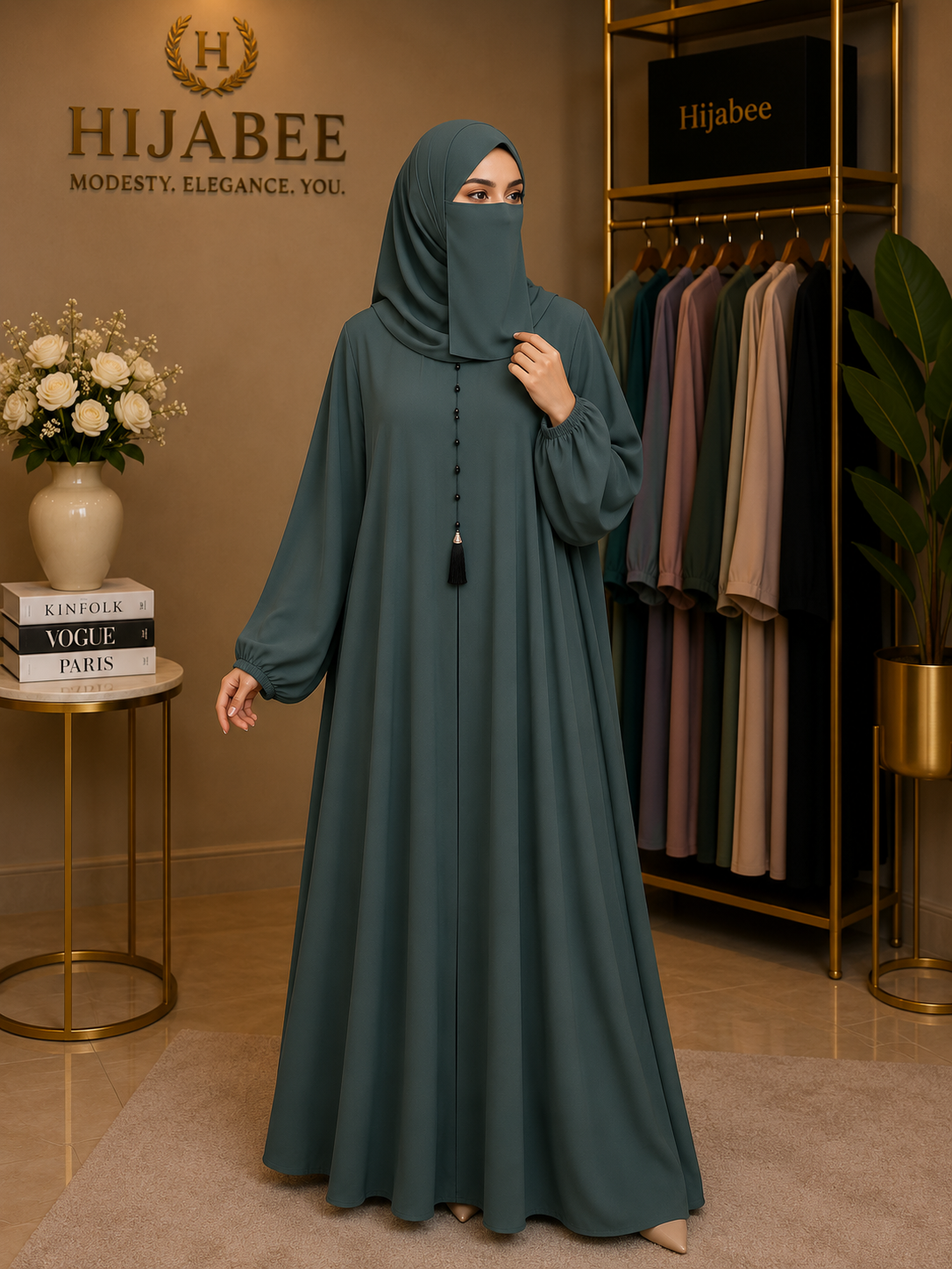 Nida Maxi Abaya with Attached Hijab – Front Close, Medium Flair