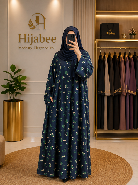 Navy Green Abstract Print Georgette Abaya with Matching Hijab | Hijabee
