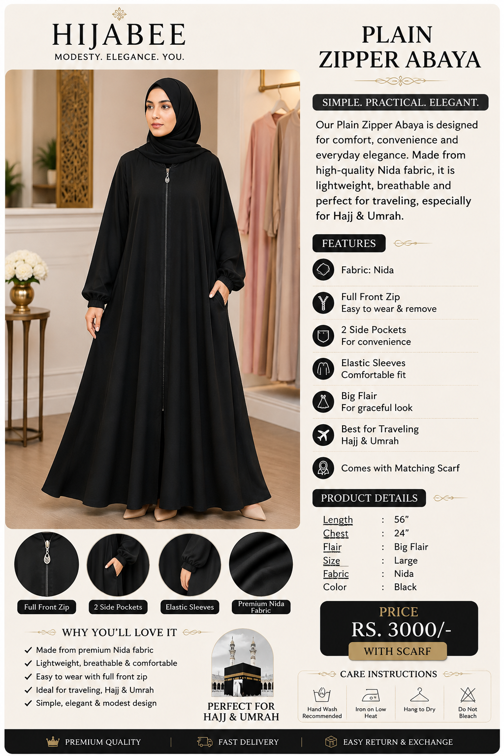 Plain Nida Zipper Abaya with Matching Scarf black color