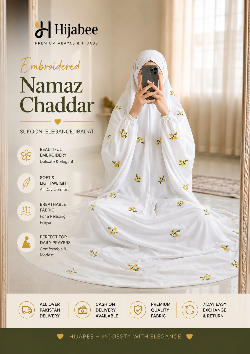 Embroidered Namaz Chaddar White Color | Hijabee