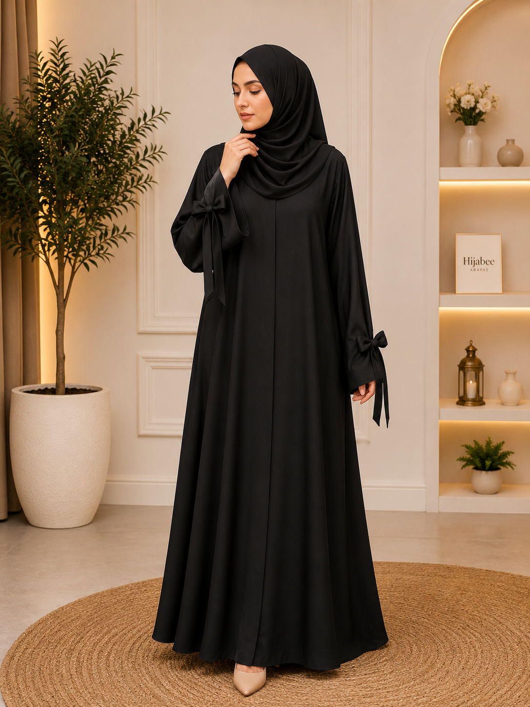 Bow design on sleeve hareer abaya with matching hijab for women in Pakistan