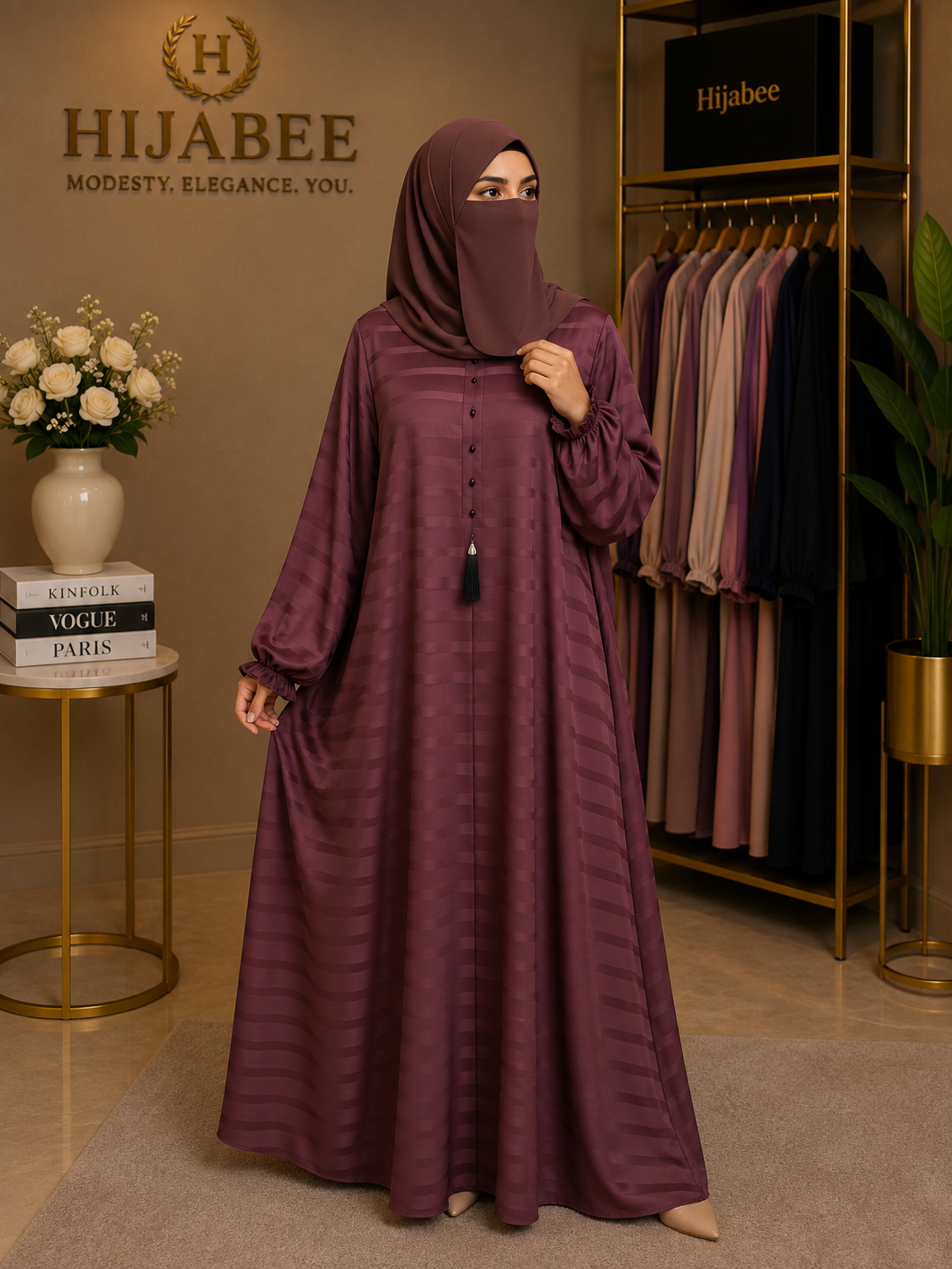 Nida Maxi Abaya with Attached Hijab – Front Close, Medium Flair