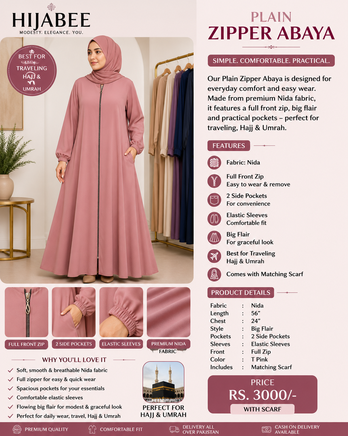 Plain Nida Zipper Abaya with Matching Scarf with 2 side pockets T-pink color