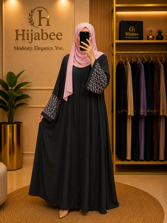 "Amara" Premium Nida Black Abaya | Pink Embroidered Sleeves