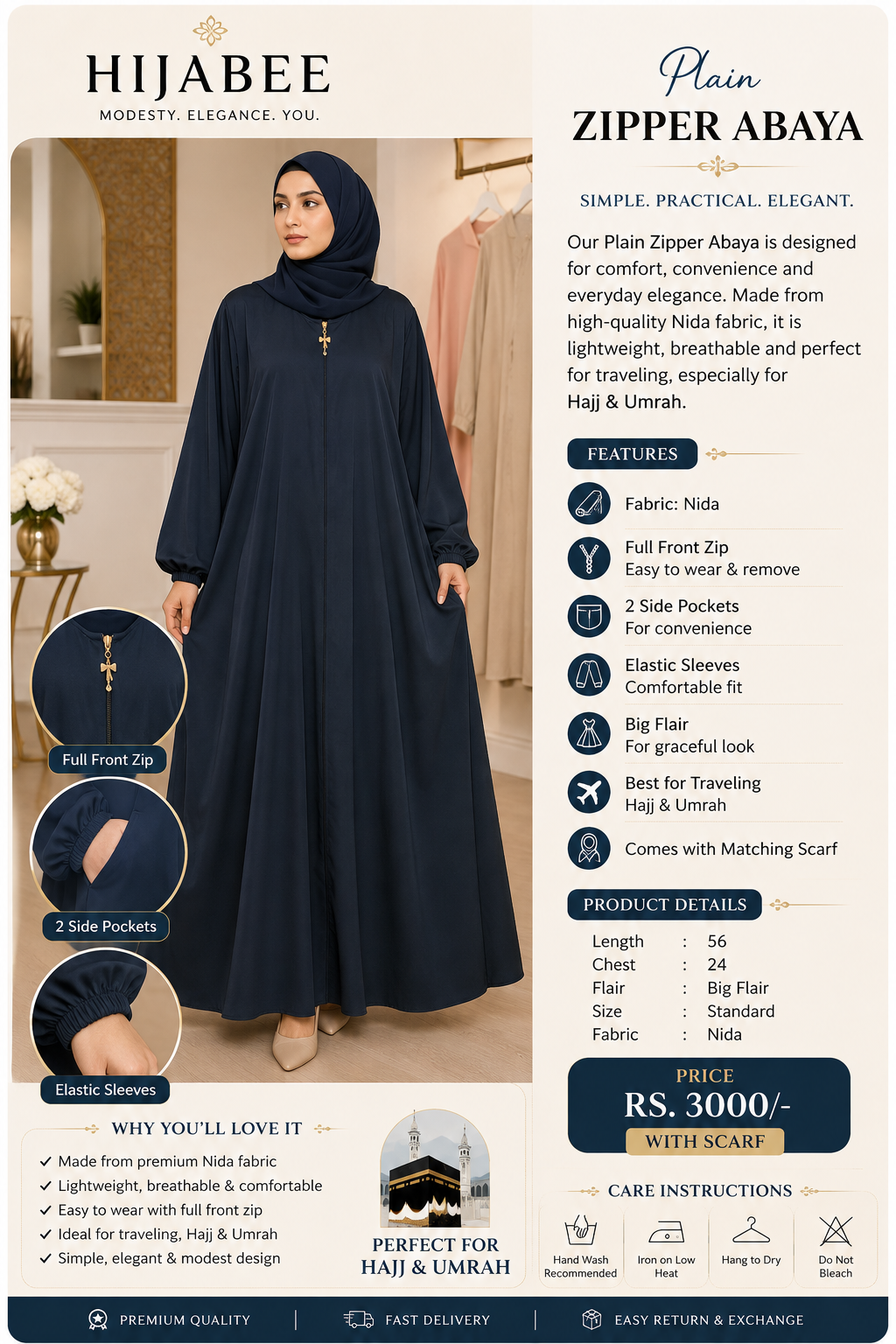 Plain Nida Zipper Abaya with Matching Scarf navy blue color