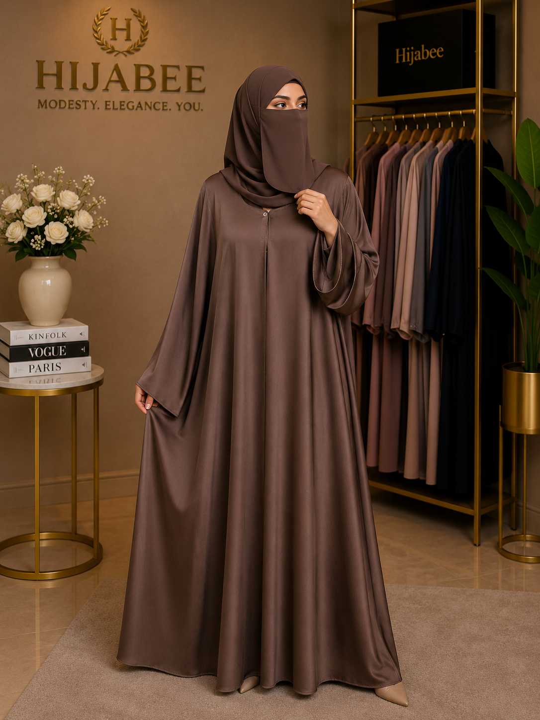 Nida Maxi Abaya with Attached Hijab – Front Close, Medium Flair
